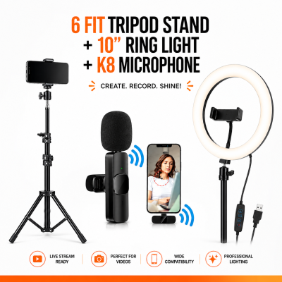 6 Ft Tripod Stand, 10" LED Ring Light & K8 Wireless Microphone Combo – Professional Content Creation & Vlogging Kit with 65ft Range, Adjustable Stand & Phone Cradle